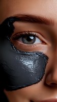 Close-up of woman's eye with black clay mask or charcoal treatment on face showing skincare and beauty concept, natural makeup and long eyelashes.