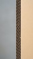 Corrugated cardboard edge showing internal fluted structure between gray and beige surfaces for packaging and shipping materials.