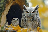 Great horned owl parent and owlet perched at nest entrance in hollow tree trunk surrounded by golden autumn leaves, dramatic wildlife portrait in natural setting.