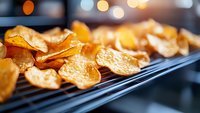 Crispy homemade potato chips arranged on metal cooling rack with blurred bokeh background, close-up view showing golden texture and natural lighting.