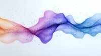 Abstract watercolor wave flowing in gradient colors from orange to purple to blue with scattered dots on white background for creative design projects.