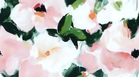 Delicate pink watercolor flowers with emerald green leaves on white background create soft romantic pattern for fabric, wallpaper and stationery design.