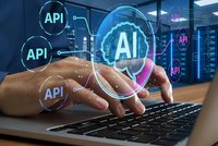 Professional developer working with artificial intelligence and API integration technology on laptop computer in modern data center environment.