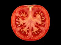 Fresh tomato slice cut in half, isolated on transparent background, ready for culinary design, recipe graphics, food packaging, print-on-demand products and digital cooking content.