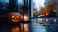 Halloween jack-o-lantern pumpkin with glowing candle lantern on wooden deck during autumn evening twilight creating spooky atmospheric holiday decoration.