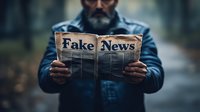 Middle-aged bearded man reading newspaper with fake news headline, dark moody atmosphere highlights media disinformation and propaganda concept.