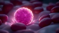 Glowing pink cancer cell among red blood cells in microscopic view, medical science visualization showing cellular structure in dark environment.