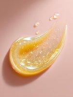 Golden honey drop with tiny bubbles floating on soft pink background, glossy texture and transparent liquid effect creates luxurious skincare product appearance.