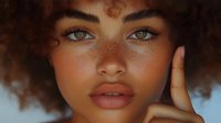 Young African American woman with curly hair and freckles touching face in natural beauty portrait with warm lighting and soft expression.