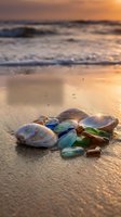 Colorful sea glass and seashells scattered on wet sand during golden hour sunset with ocean waves and warm light reflections creating peaceful coastal scene.