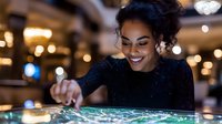 Young African American woman smiling while interacting with illuminated interactive touch table display in modern entertainment venue. Glowing bokeh lights create ambient atmosphere.