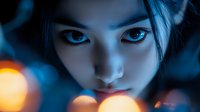Young Asian woman with intense gaze and dramatic blue lighting, orange bokeh lights creating mysterious atmosphere. Close up portrait showing emotional depth and artistic mood.