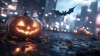 Glowing carved pumpkin on dark city street with flying bat and autumn leaves, moody Halloween night atmosphere with bokeh lights and reflections on wet ground.