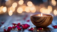 Glowing wooden bowl candle surrounded by red rose petals on rustic table with soft bokeh lights creating romantic atmosphere for spa or meditation setting.