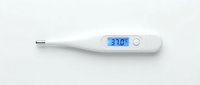 Digital thermometer with blue LCD display showing 37.0 degrees on white background, isolated medical device for healthcare, fever monitoring, and temperature measurement applications.