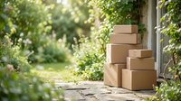 Stacked cardboard boxes arranged outdoors against a wall with climbing ivy and lush green foliage, suitable for logistics, shipping, delivery, storage and moving concepts.