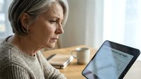 Mature Caucasian woman with gray hair using tablet computer at home, focused on digital screen while sitting at wooden table with coffee cup.