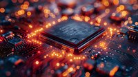 Glowing microchip on circuit board with orange bokeh lights and electronic paths, macro photography showing modern computer processor technology.