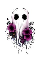 Ethereal ghost figure with large dark eyes surrounded by vibrant purple flowers and delicate floral elements on white background, ready for decorative use.