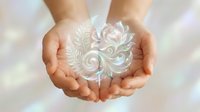Cupped hands holding glowing translucent heart with ornate floral patterns, spiritual healing energy concept for wellness and meditation practices.
