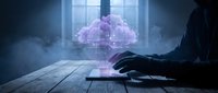 Businessman using smartphone with glowing purple brain hologram representing artificial intelligence and machine learning technology in modern office.