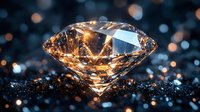 Brilliant cut diamond with golden light reflections on dark background with bokeh sparkles. Luxury jewelry macro photography shows facets and clarity.