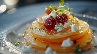 Elegant citrus carpaccio with orange slices layered with fresh berries, cream dots and microgreens garnish on dark plate with artistic bokeh lighting effect.