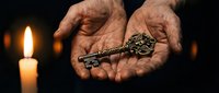 Elderly hands holding ornate vintage key by candlelight, symbolizing wisdom, secrets, and life experiences. Atmospheric lighting creates mysterious mood for storytelling.