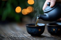 Pouring hot tea from teapot into decorative black ceramic cup with golden floral patterns, warm bokeh lights in background, traditional tea ceremony preparation.