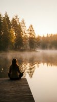 Woman meditating in lotus pose on wooden dock at misty lake during golden hour sunrise with forest reflection creating peaceful wellness atmosphere.