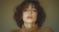 Young woman with wavy brown hair and parted lips wearing beige knit sweater against blurred background, moody atmospheric portrait with soft natural lighting.