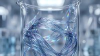 Transparent glass beaker containing iridescent fiber optic cables with holographic rainbow reflections in modern laboratory setting for technology research.