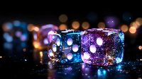 Glowing dice with blue and purple neon lights on dark background with bokeh effects create magical atmosphere for gaming and entertainment concepts.