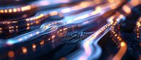 Glowing circuit board paths with blue light trails and bokeh effects create futuristic technology background for computing and artificial intelligence concepts.