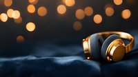 Luxury gold wireless headphones on dark fabric with soft bokeh lights in background, modern audio equipment for premium sound experience.