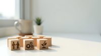 Wooden blocks with business icons representing teamwork, growth and innovation on clean desk workspace for corporate strategy planning.