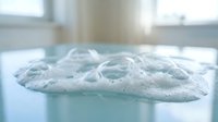 Fresh white foam bubbles floating on clear water surface in glass container with soft natural lighting and blurred background.