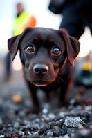 Close-up portrait of adorable black miniature pinscher puppy with expressive brown eyes looking directly at camera, shallow depth of field creates soft background.