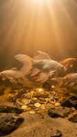 Golden koi fish swimming above treasure chest filled with coins on sandy bottom with warm sunlight rays filtering through water creating magical atmosphere.