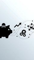 Piggy bank with growth arrow connecting to gears and network nodes showing financial technology and investment automation concepts on white background.