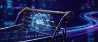 Digital brain hologram floating above shopping cart with glowing neural networks and data streams representing AI-powered e-commerce and smart retail technology.