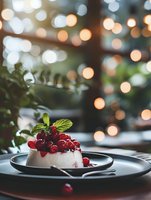 Creamy panna cotta dessert topped with fresh cranberries and mint leaves on dark plate against soft bokeh lights background, moody food photography styling.