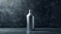Silver metallic bottle mockup on dark textured background for cosmetic product branding and packaging design presentations.