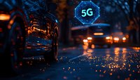 Futuristic 5G network symbol glowing over wet city street at night with car reflections and rain drops creating atmospheric bokeh lights on dark asphalt surface.