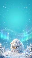 Cute fluffy sheep character wearing festive garland in snowy winter landscape with magical aurora lights, snowflakes, and evergreen trees on turquoise background.