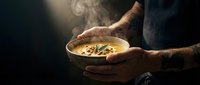 Hands holding steaming bowl of soup with herbs and vegetables, warm comfort food for cooking, recipe, and culinary content.