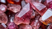 Raw pink tourmaline crystals in natural formation showing rough mineral texture, faceted edges and translucent properties with varying shades of rose and red.