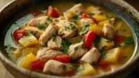 Hearty chicken soup with tender meat chunks, colorful bell peppers, potatoes, and fresh herbs in savory broth served in rustic ceramic bowl.