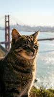 Tabby cat enjoying golden hour sunlight with famous red suspension bridge and bay waters in blurred background creating peaceful urban wildlife moment.