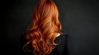 Young woman with long wavy ginger hair shown from behind against dark background, wearing black top. Natural red hair styling and haircare concept for beauty salons.